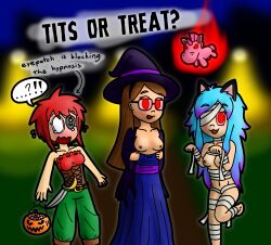 alternate_costume animal_ears blue_hair blush breasts brown_hair cat_girl femsub glowing glowing_eyes hair_band halloween happy_trance hat julie_(the_mad_murderer) kat_(the_mad_murderer) lara_(the_mad_murderer) long_hair mummy nettimato open_mouth pirate red_eyes text the_mad_murderer undressing witch witch_hat
