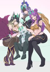  age_difference age_regression ahri_(league_of_legends) black_hair black_sclera blonde_hair breasts cleavage clothed control_indicator crossed_legs crown earpiece femsub green_eyes grey_hair grimmdreamer hair_covering_one_eye hand_on_head harem high_heels kai'sa_(league_of_legends) kiddom kitsune_girl large_breasts league_of_legends maledom midriff multicolored_hair multiple_girls multiple_subs multiple_tails navel purple_hair ruination short_hair shota sitting syndra_(league_of_legends) tagme viego_(league_of_legends) yellow_eyes 