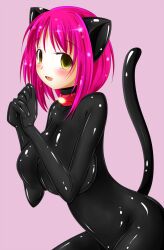 alternate_hair_color before_and_after blush bodysuit cat_ears cat_girl catsuit collar empty_eyes fake_animal_ears fake_tail fangs female_only femsub large_breasts latex looking_at_viewer nezumi pink_background pink_hair rubber short_hair simple_background smile solo tail tech_control yellow_eyes
