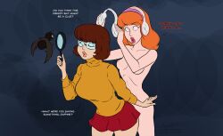 awmbh bottomless breasts daphne_blake female_only femsub headphones hypnotic_audio hypnotic_music hypnotized_hypnotist large_breasts large_lips long_hair nude open_mouth orange_hair scooby-doo_(series) scooby-doo_and_the_ghoul_school skirt sweater text topless unaware velma_dinkley western