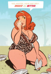  bbw breasts chubby comic fat female_only femsub food gilligan&#039;s_island ginger_grant hugotendaz hypnotic_accessory large_breasts leopard_print maledom mole one-piece_swimsuit red_hair ring spiral_eyes swimsuit symbol_in_eyes text weight_gain western 