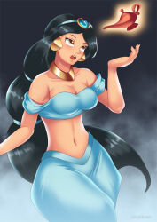 aladdin_(series) black_hair breasts disney earrings female_only glowing gradient_background hadant harem_outfit jewelry large_breasts long_hair midriff navel princess princess_jasmine signature simple_background solo watermark