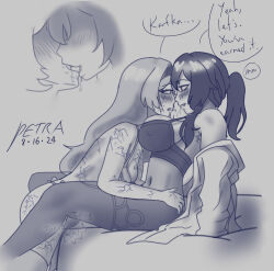  armpit_hair arms_behind_back bed blush bra cleavage collarbone cuddling drool eyebrows_visible_through_hair female_only firefly_(honkai_star_rail) grey_background hair_band hezodronpetra honkai_star_rail kafka_(honkai_star_rail) kissing large_breasts long_hair nail_polish navel panties ponytail scars shirt signature simple_background sitting text thighhighs underwear undressing yuri 