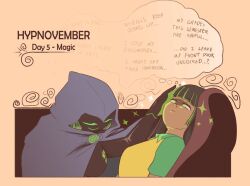 black_hair bodysuit cloak dark_skin dialogue english_text green_eyes green_hair hand_on_head hypnovember magic original pstash smile sparkle thought_bubble