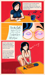  absurdres bare_breasts black_hair bottomless breasts character_request comic female_only femsub glasses horiizyn hypnotic_audio hypnotic_music large_breasts milf music_player nude open_mouth original spiral_eyes symbol_in_eyes text tongue tongue_out topless unaware 