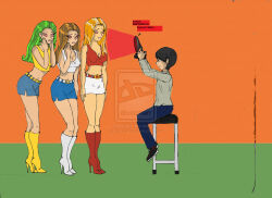 black_hair blonde_hair brown_hair camera carlosfco expressionless femsub green_hair kiddom maledom multiple_girls shota skirt spanish spiral_eyes standing standing_at_attention symbol_in_eyes text translated unhappy_trance watermark