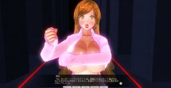 3d breasts brown_hair covering custom_maid_3d_2 dialogue earrings embarrassed jewelry kamen_writer_mc large_breasts lipstick long_hair makeup open_mouth rika_(made_to_order) text translated