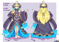  ahoge ailheim alternate_costume bare_legs barefoot blonde_hair breasts clothed cygames dragalia_lost dress english_text eye_color_change feet femsub from_behind hair_ornament horns long_hair morsayati nail_polish nintendo possession purple_nails red_eyes reference_sheet royalty smile standing tagme text zethia 