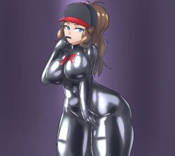 blue_eyes bodysuit brown_hair catsuit dead_source female_only femsub gradient_background hat hilda kurykury large_breasts latex looking_at_viewer nintendo pokemon pokemon_black_and_white ponytail purple_background rubber solo thick_thighs