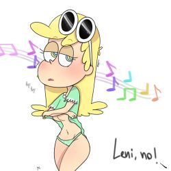 artist_request blonde_hair blush breasts breath expressionless female_only femsub hypnotic_audio hypnotic_music large_breasts leni_loud loud_house nickelodeon open_mouth panties ring_eyes solo sunglasses text underboob underwear undressing