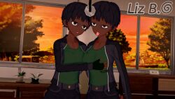  3d black_hair breast_grab breasts brown_eyes dark_skin empty_eyes english_text female_only femsub fingerless_gloves glasses heavy_eyelids jacket koikatsu! liz_b multiple_girls multiple_subs original pendulum selfcest short_hair text tongue_out watermark 