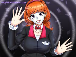  bangs bow_tie clothed collarbone empty_eyes eyebrows_visible_through_hair face_paint female_only femsub hair_band happy_trance long_hair mime orange_hair original porniky purple_eyes signature simple_background smile solo watermark 