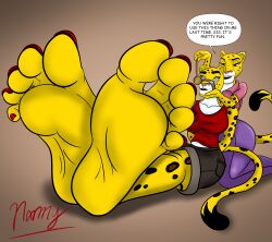  barefoot bondage brown_eyes chin_hold dialogue female_only femdom femsub foot_focus furry happy_trance huge_feet large_breasts leopard_girl nail_polish nannymcfeet original pants pendulum pocket_watch shorts signature simple_background sisters speech_bubble spiralwash_eyes tail text twins 