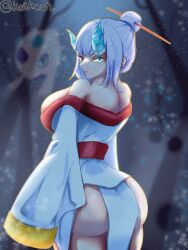  absurdres admin_courtney alternate_costume ass bare_shoulders blue_eyes breasts cosplay costume female_only femdom femsub from_behind froslass hair_color_change horns kelkcan kimono large_ass large_breasts large_hips looking_at_viewer looking_back mega_froslass miniskirt nintendo pokemon pokemon_(creature) pokemon_diamond_pearl_and_platinum pokemon_legends_z-a pokemon_ruby_sapphire_and_emerald possession snow transformation white_hair yellow_sclera 