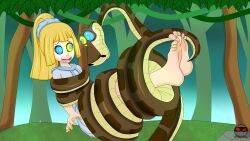 barefoot blonde_hair bondage coils crossover disney femsub foot_focus happy_trance hypno_ninja hypnotic_eyes kaa kaa_eyes lillie_(pokemon) long_hair maledom nintendo pokemon pokemon_sun_and_moon restrained snake the_jungle_book tickling trees