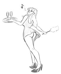  ass aurora_(jabberwocky) bare_legs bottomless clothed dress feather_duster female_only femsub glasses greyscale high_heels long_hair monochrome original psi short_skirt simple_background sketch smile solo standing stepfordization tray upskirt white_background 
