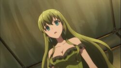 anastasia_(isekai_cheat_magician) blue_eyes earrings empty_eyes expressionless female_only femsub green_hair isekai_cheat_magician long_hair open_mouth screenshot trigger 