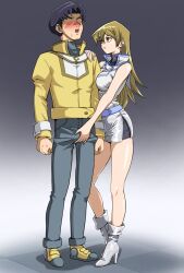  absurdres age_difference alexis_rhodes apricot belt black_hair blush boots breast_press brown_eyes brown_hair bulge empty_eyes erection gradient_background groping handjob happy_trance high_heels hug huge_breasts jeans long_hair short_hair short_skirt skirt unaware yu-gi-oh! yu-gi-oh!_gx 