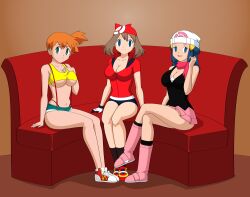  absurdres aged_up blue_hair breasts brown_hair cleavage couch dawn empty_eyes female_only femsub happy_trance hat jimryu large_breasts long_hair looking_at_viewer may misty multiple_girls multiple_subs nintendo open_mouth orange_hair pokemon pokemon_(anime) pokemon_diamond_pearl_and_platinum pokemon_ruby_sapphire_and_emerald red_hair short_hair smile suspenders underboob 