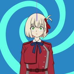 animated animated_gif blonde_hair coin dazed drool empty_eyes expressionless female_only femsub green_eyes hair_ornament hair_ribbon katsiika lycoris_recoil nishikigi_chisato open_mouth ribbon short_hair