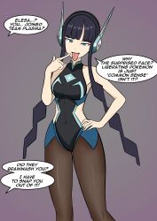 absurdres altered_common_sense antenna assertive_sub black_hair blue_eyes clefla corruption dialogue elesa_(pokemon) empty_eyes enemy_conversion english_text evil_smile femsub hand_on_hip headphones looking_at_viewer navel nintendo pantyhose pokemon simple_background smile speech_bubble team_plasma text tight_clothing tongue tongue_out very_long_hair