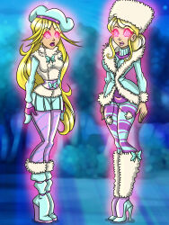 absurdres blonde_hair boots daphne_(winx_club) expressionless fairy female_only femsub gloves glowing glowing_eyes high_heels knee-high_boots long_hair pink_eyes spiral spiral_eyes standing standing_at_attention stella_(winx_club) symbol_in_eyes winx_club zorro-zero