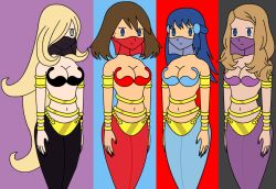 blonde_hair blue_hair bracelet breasts brown_hair cleavage clothed cynthia dawn female_only femsub hair_covering_one_eye harem_outfit jewelry large_breasts liquidphazon long_hair may multiple_girls multiple_subs navel nintendo pokemon pokemon_diamond_pearl_and_platinum pokemon_ruby_sapphire_and_emerald pokemon_x_and_y serena short_hair veil 