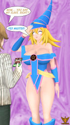 3d absurdres armor bare_legs blonde_hair boots bracers breasts brown_hair card collarbone dark_magician_girl dialogue femsub happy_trance hat huge_breasts latinkaixa long_hair magic maledom saluting smile source_filmmaker speech_bubble standing standing_at_attention text whitewash_eyes witch yu-gi-oh!