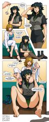  absurdres bare_legs barefoot black_hair blonde_hair blue_eyes blush breasts butterfly character_request cleavage clothed coat comic copyright_request denial dialogue english_text feet female_only femdom femsub foot_focus foot_licking foot_worship green_eyes high_heels instant_loss jacket legs licking lipstick long_hair makeup nail_polish open_clothes pendulum saluting short_hair shrunken_irises sitting skirt speech_bubble spiral_eyes strix tattoo text thighhighs thighs tie toenail_polish undressing vest yuri 