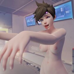  3d ahegao breasts brown_hair complex_background dazed female_only femsub happy_trance hypnotic_accessory microchip navel nipples nude open_mouth overwatch purple_eyes smile solo spllcstr tech_control tongue tongue_out topless tracer zombie_walk 
