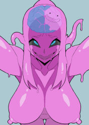  2946uc assimilation black_sclera brain brain_injection breasts ditto erect_nipples hair_color_change huge_breasts looking_at_viewer metroid_(series) navel nintendo nipples nude open_mouth pink_hair pink_skin pokemon pokemon_(creature) ponytail samus_aran smile tentacle_in_ear thick_thighs x-ray 