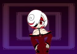 aged_up alternate_costume arm_warmers choker cleavage collarbone dress eyelashes eyeshadow femdom hair_covering_one_eye hand_on_hip hourglass_figure hypnoscream large_breasts large_hips looking_at_viewer multicolored_hair pov_sub red_eyes ring_eyes sage_(sonic_frontiers) shiny_skin short_hair simple_background sonic_the_hedgehog_(series)