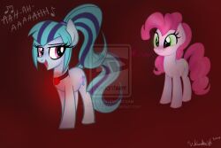 animals_only blue_hair blush femdom femsub glowing glowing_eyes heart hooves horse hypnotic_audio hypnotic_music long_hair my_little_pony necklace non-human_feet pink_hair pinkie_pie ponytail short_hair singing sonata_dusk text wubcakeva
