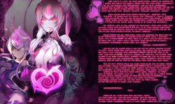  breasts caption charm_(spell) evelynn_(league_of_legends) fancyaddiction_(manipper) femdom glowing glowing_eyes heart hypnotic_eyes large_breasts lasterk league_of_legends lee_seok_ho looking_at_viewer manip pocari_sweat pov pov_sub sleep_command smile text tongue tongue_out white_hair 