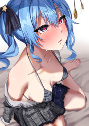  bare_shoulders barefoot blue_hair blush bra breasts coin erect_nipples expressionless female_only femsub heart_eyes hololive jack_dempa long_hair open_clothes open_mouth pendulum ponytail side_ponytail small_breasts solo suisei_hoshimachi sweat symbol_in_eyes underwear virtual_youtuber 
