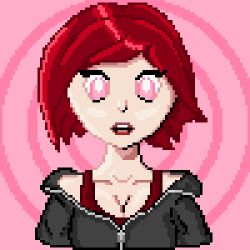  1613 animated animated_gif cleavage female_only femsub hoodie hypnotic_eyes looking_at_viewer open_mouth original pink_eyes pixel_art red_hair 