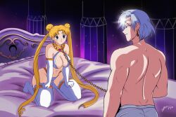  abs bangs bed blonde_hair blue_eyes chains cleavage cleavage_cutout collar earrings emblem empty_eyes eyebrows_visible_through_hair femsub gloves gold hair_buns happy_trance harem_outfit hypnotic_eyes ignea_barracuda jewelry kneeling large_breasts leash maledom navel necklace opera_gloves prince_demande purple_eyes sailor_moon sailor_moon_(series) short_hair shorts smile thick_thighs thighhighs thighs third_eye thong topless twintails white_hair 