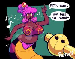 bra chubby cleavage collarbone curly_hair dancing dark_skin drool eyebrows_visible_through_hair female_only femsub hair_buns heart huge_breasts hypnotic_music instrument long_hair midriff naga_girl navel open_mouth original pink_hair psyfly snake_charmer solo spiral_eyes staff sugar_(psyfly) tank_top text yellow_eyes 