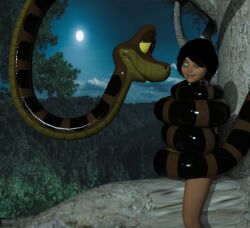  3d asphyxiation bare_legs black_hair coils disney genderswap happy_trance jungle kaa kaa_eyes lustful_jungles mowgli night outdoors restrained short_hair sitting smile snake the_jungle_book trees yellow_sclera 