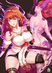  ass blush bottomless breasts celica_(fire_emblem) closed_eyes clothed color corruption earrings enemy_conversion fingerless_gloves fire_emblem fire_emblem_echoes fire_emblem_gaiden gloves high_heels huge_ass huge_breasts looking_at_viewer magic nail_polish naughty_face nintendo nipples nude orange_hair purple_nails red_eyes revolverwing seductive_smile smile sweat tattoo thick_thighs thighhighs thighs topless 