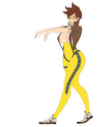 absurdres breasts brown_hair empty_eyes expressionless femsub large_breasts neo-izayoi open_clothes open_mouth overwatch short_hair tracer zombie_walk