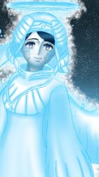  alternate_form black_clover black_hair blue_eyes clothed corruption dress empty_eyes fayedumpling female_only femsub halo horns lily_aquaria purification smile solo spoilers standing transformation veil wings 