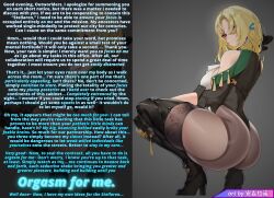  absurdres ambiguous_pov angelano ass ass_focus bent_over blonde_hair boots breasts caption caption_only clothed cocolia_rand female_only femdom golden_scythe_(manipper) gradient_text honkai_star_rail hypnotic_ass large_ass looking_at_viewer looking_back manip orgasm orgasm_command pantyhose pov pov_sub purple_eyes short_hair squatting text thigh_boots turning_the_tables 