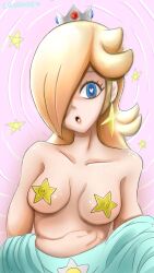  blonde_hair blue_eyes breasts crown earrings eronaise69 female_only femsub hair_covering_one_eye heart heart_eyes jewelry long_hair nintendo open_mouth pasties princess princess_rosalina solo star_pasties super_mario_bros. super_mario_galaxy symbol_in_eyes topless undressing 