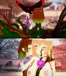  3d apoc_(cyanstargazer) before_and_after blonde_hair breast_grab breasts brown_hair cyanstargazer defeated evil_smile exposed_chest female_only femdom femsub flower green_eyes green_hair hat hypnotic_plant koikatsu! large_breasts multicolored_hair multiple_girls original plant red_eyes smile touhou wings yukari_yakumo 