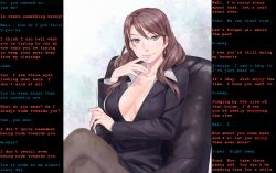 breasts brown_hair business_suit caption caption_only cleavage female_only femdom happy_trance hwd171_(manipper) hypnotized_hypnotist large_breasts legs looking_at_viewer manip office_lady open_clothes pantyhose pov pov_sub text thighhighs