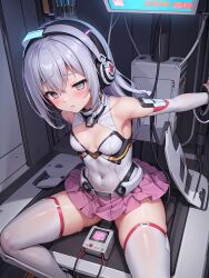  ai_art arms_behind_back blush cables dazed empty_eyes femsub gloves grey_hair headphones high_heels hypnotic_audio koimin4_(generator) magical_girl monitor navel opera_gloves sitting skirt small_breasts spread_legs stable_diffusion_(ai) tech_control thigh_boots thighhighs unhappy_trance vibrator wires 