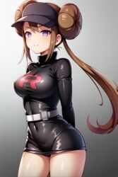  ai_art alternate_costume arms_behind_back belt breasts brown_hair dress empty_eyes female_only femsub hair_buns happy_trance hat looking_at_viewer nintendo pink_eyes pokemon pokemon_black_and_white_2 rosa_(pokemon) rubber seiha_(generator) smile solo stable_diffusion_(ai) standing team_rocket twintails 