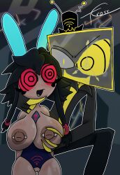 alternate_costume black_hair breasts bunny_ears bunnysuit cyn_(murder_drones) happy_trance hazbin_hotel murder_drones nipple_piercing pussy symbol_in_eyes tcross vox