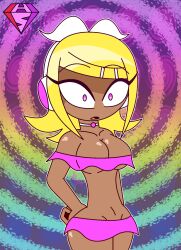  aged_up alternate_costume bare_shoulders bimbofication blonde_hair bow breasts choker cleavage collarbone expressionless eyebrows_visible_through_hair eyelashes hand_on_hip headphones hypnoscream midriff navel open_mouth pink_eyes rin_kagamine ring_background shiny_hair shiny_skin short_hair shrunken_irises tan_skin underboob vocaloid watermark wide_hips 